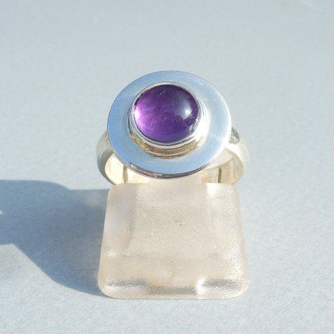Small Round Rings Amethyst and Silver Ring With Round Cabochon, Minimalist Ring, Small ...