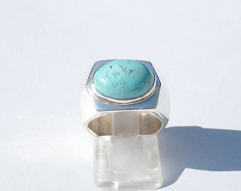 Bague Chevalière TURQUOISE ARGENT 925 taille 50 Us 5 cabochon ovale pierre gemme turquoise créateur Français bijoux argent cadeau femme