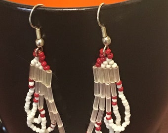 Handmade red and white seed bead dangle earrings