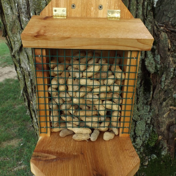 Peanut Feeder for Squirrels and Birds | Mounts on Tree, Fence, Wall or Railing | Solid Cedar Wood | Add On Starter Bag of Peanuts Available