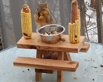 Squirrel Picnic Table Feeder with Corn Cob Holders & Bowl, Handmade from Solid Cedar Wood