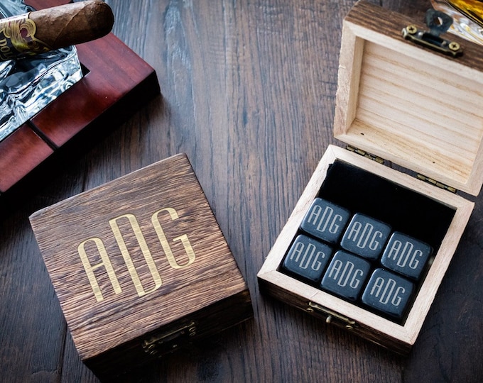 Custom engraved whiskey stones - Personalized set of 6 black polished natural granite stones with a wood gift box.