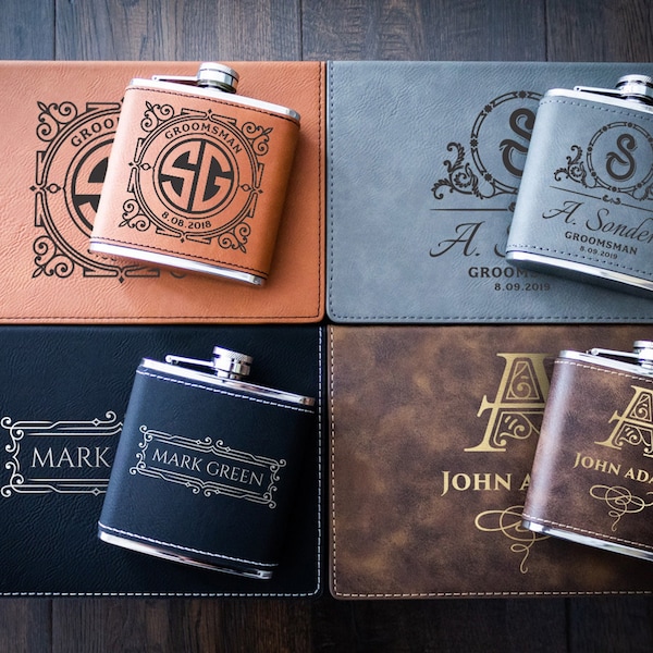 Personalized Leather Hip Flask 6oz - Optional Set Comes with a Box, 2 Shots and Funnel.