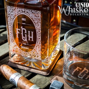 Custom etched whiskey decanter with optional set options. Holds 26 oz.