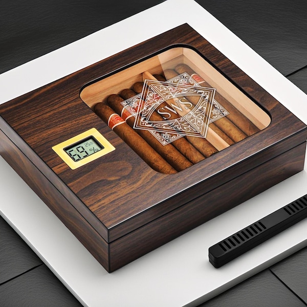 Custom engraved desktop cigar humidor box - Small or Large sizes.