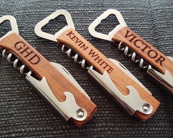 Engraved Bottle Opener - Groomsmen Gift – Bridesmaid Gift - Wood Handle Bottle Opener Corkscrew - Wedding Gift - Keepsake Gift