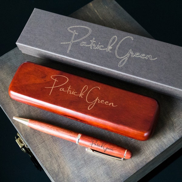 Parure de stylos personnalisés en bois de rose, boîte en bois gravée, cadeau de remise des diplômes