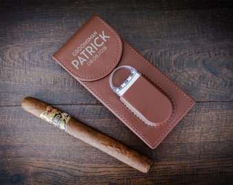 Personalized Leather Cigar Case with Cigar Cutter | Custom Engraved Travel Humidor - Brown & Black Options