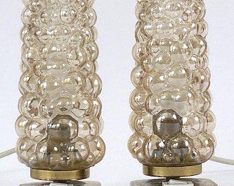 Set of Two Lovely Brass & Bubble Glass Bedside Table Lamps by TEKA Germany 1950s