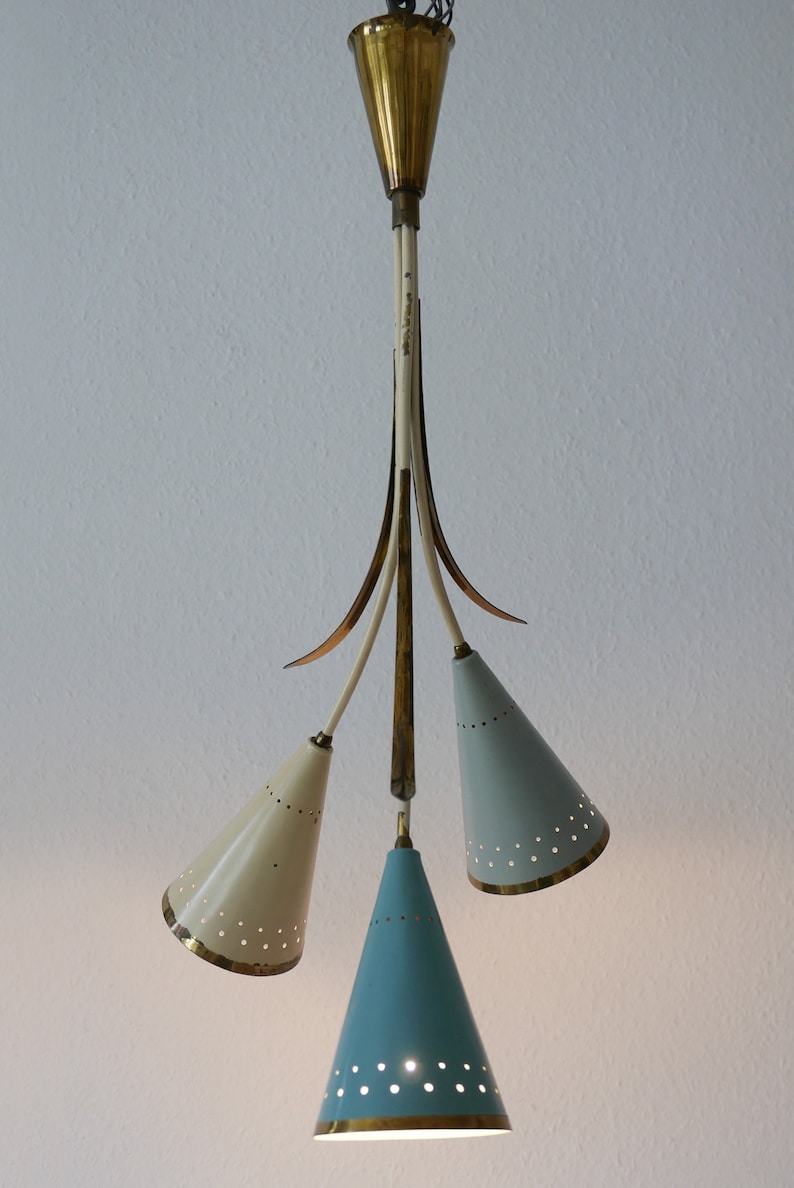 Extremely Rare Mid Century Modern Sputnik Atomic 3-Armed CHANDELIER CEILING LAMP Pendant Light Stilnovo Arteluce Era, 1950s image 2