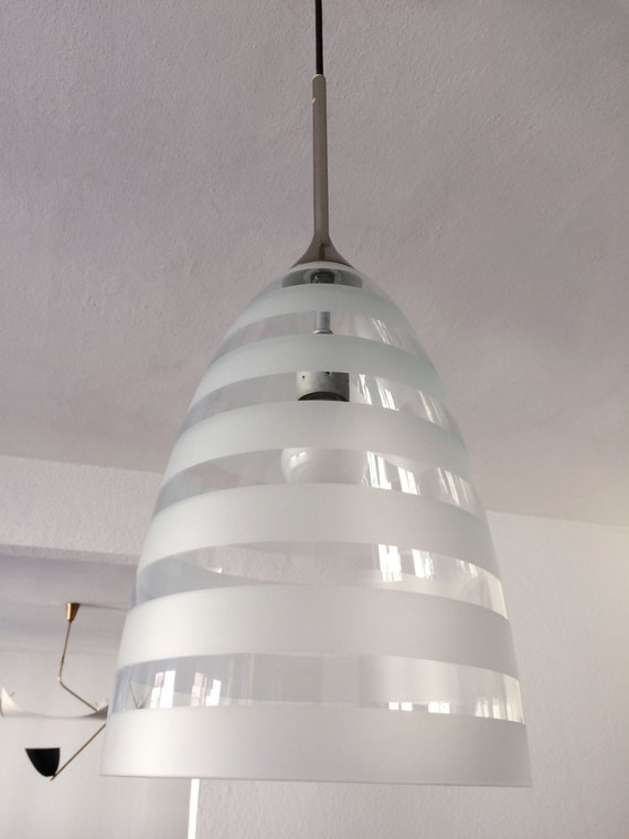 1 2 Large And Elegant Mid Century Modern Pendant Lamp Hanging Light Ceiling Lamp Etched Glass Shade 1950s 1960s