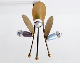 Extremely Rare & Elegant Mid Century Modern Sputnik Atomic 3-Armed FLUSH MOUNT Ceiling Light, 1950s, Germany