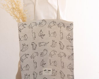Cat Linocut Tote Bag with Linen Fabric