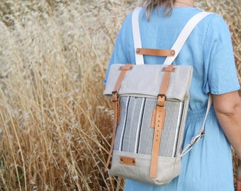 Beige Linen RollTop Backpack | Womens Backpack