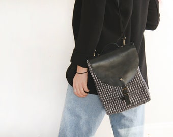 Charcoal Shoulder Bag | Block Print Bag | Canvas and Leather Purse