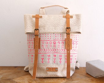 RollTop Womens Backpack with Neon Pink Geometric Print | Woven Cotton Fabric and Linen