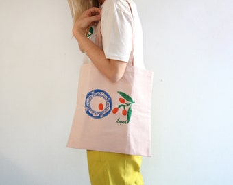 Fruit Linocut Tote Bag with Pink Canvas Fabric