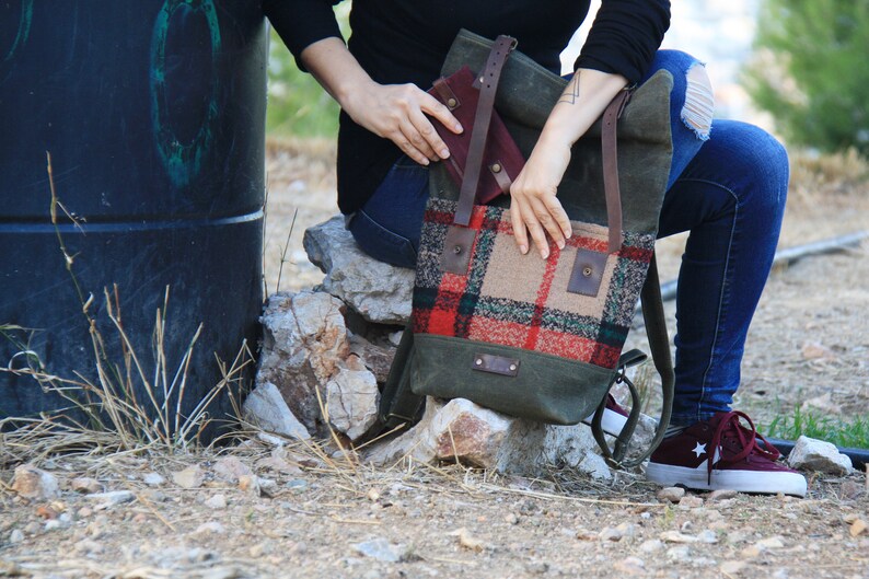 Waxed Canvas Backpack in Haki Colour Roll Top Backpack with checkered details