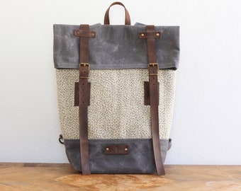 Womens Backpack in charcoal colour, canvas backpack, wax canvas and wool,rolltop backpack