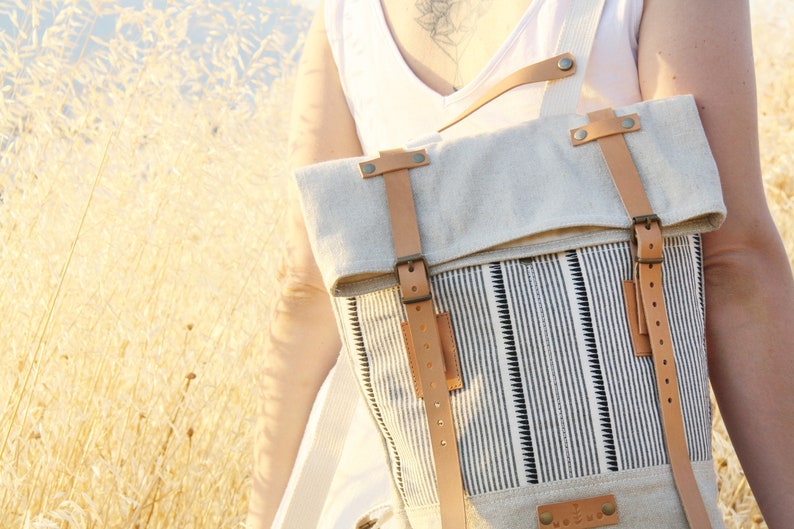 Beige Linen RollTop Backpack Womens Backpack image 10