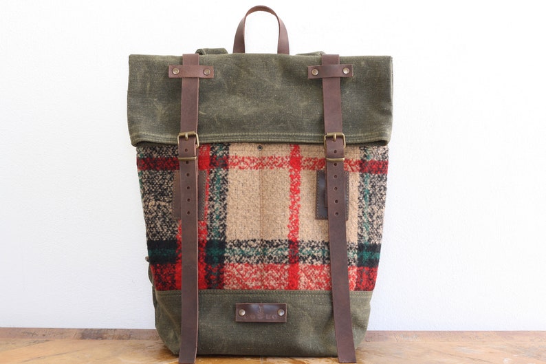 Waxed Canvas Backpack in Haki Colour Roll Top Backpack with checkered details