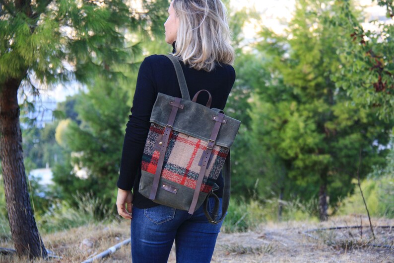 Waxed Canvas Backpack in Haki Colour Roll Top Backpack with checkered details