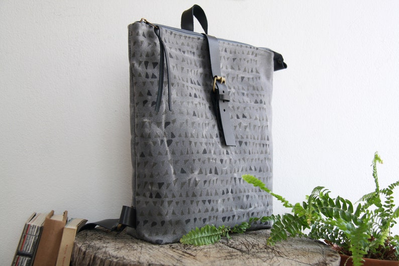 Geometric Linocut Print BackpackCanvas and leather backpackZipper BackpackBackpack Womenwaxed canvas backpack