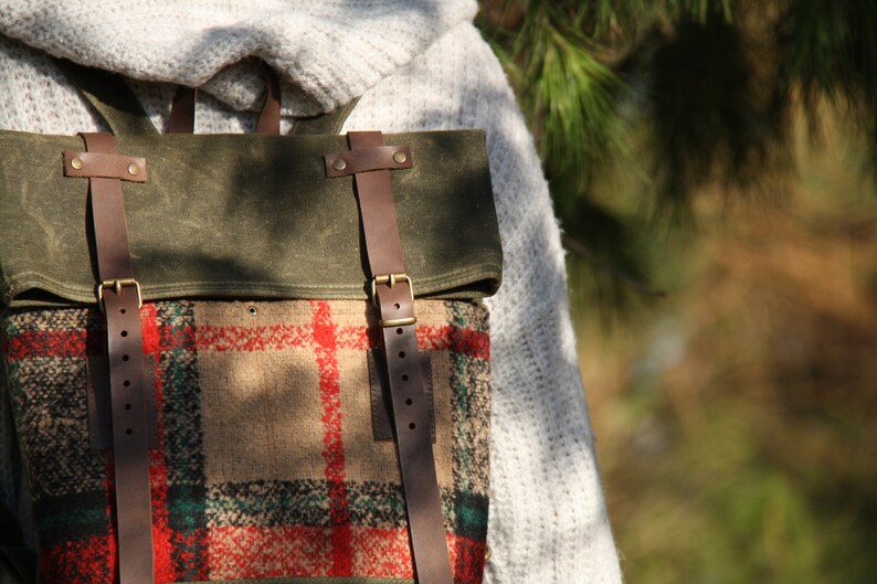 Waxed Canvas Backpack in Haki Colour Roll Top Backpack with checkered details