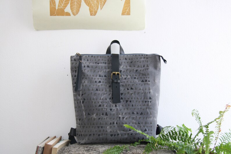 Geometric Linocut Print BackpackCanvas and leather backpackZipper BackpackBackpack Womenwaxed canvas backpack