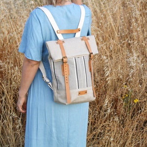 Beige Linen RollTop Backpack Womens Backpack image 3