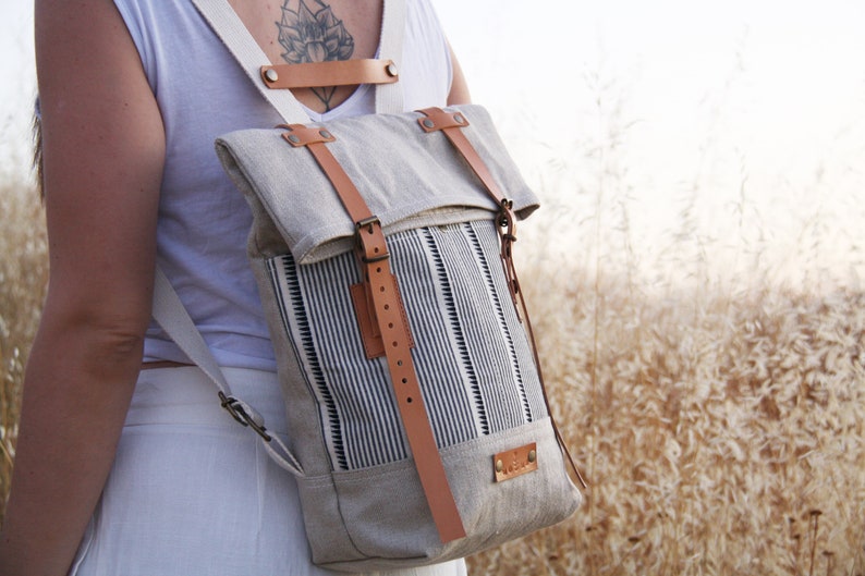 Beige Linen RollTop Backpack Womens Backpack image 9