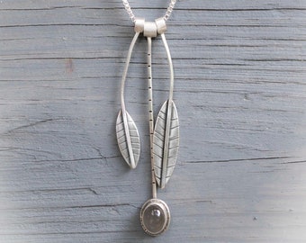 Sterling Silver Leaf Necklace: Long Moonstone Pendant, Handmade