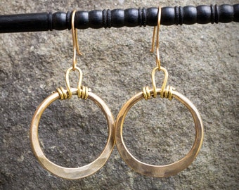 Brass Hoop Earrings, Hammered Gold Hoops