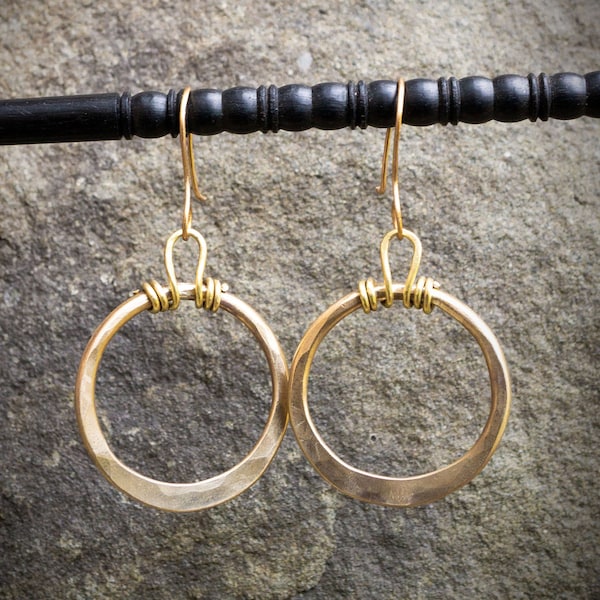 Brass Hoop Earrings, Hammered Gold Hoops