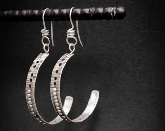 Half Hoop Earrings | Unique Hoop Earrings | Textured Silver Hoops