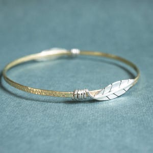 Mixed Metal Leaf Bangle Bracelet: Sterling Silver & Jewelers Brass