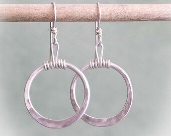 Hammered Silver Hoop Earrings | Everyday Hoop Earrings | Wire Wrapped Hoop Earrings |