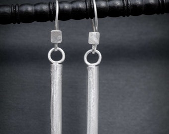 Handmade Sterling Silver Bar Dangle Earrings: Geometric Design