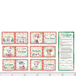 May include: A set of nine illustrated fabric squares featuring various Christmas animals, including a reindeer, moose, penguin, llama, and polar bear. Each square has a red border and a white background with a festive Christmas lights design. The text "Little Darlings Christmas Soft Book" is visible in the upper right corner of the image.