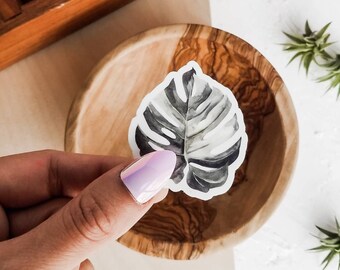 Monstera leaf sticker, watercolor floral sticker, plant lover&#39;s sticker, vinyl laptop sticker, water bottle sticker.