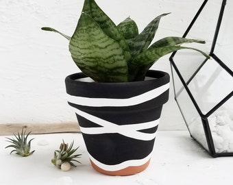 Criss Cross Hand Painted Terra Cotta Pot, indoor planter with drainage hole.