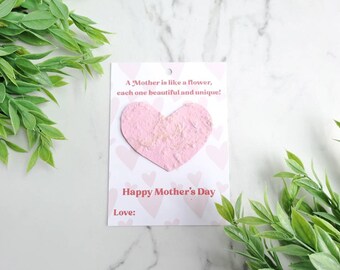 Plantable Mother's Day Seeded Paper Heart, Seeded plantable heart, seeded paper, handmade seeded paper, pink paper heart, wildflower seeds.