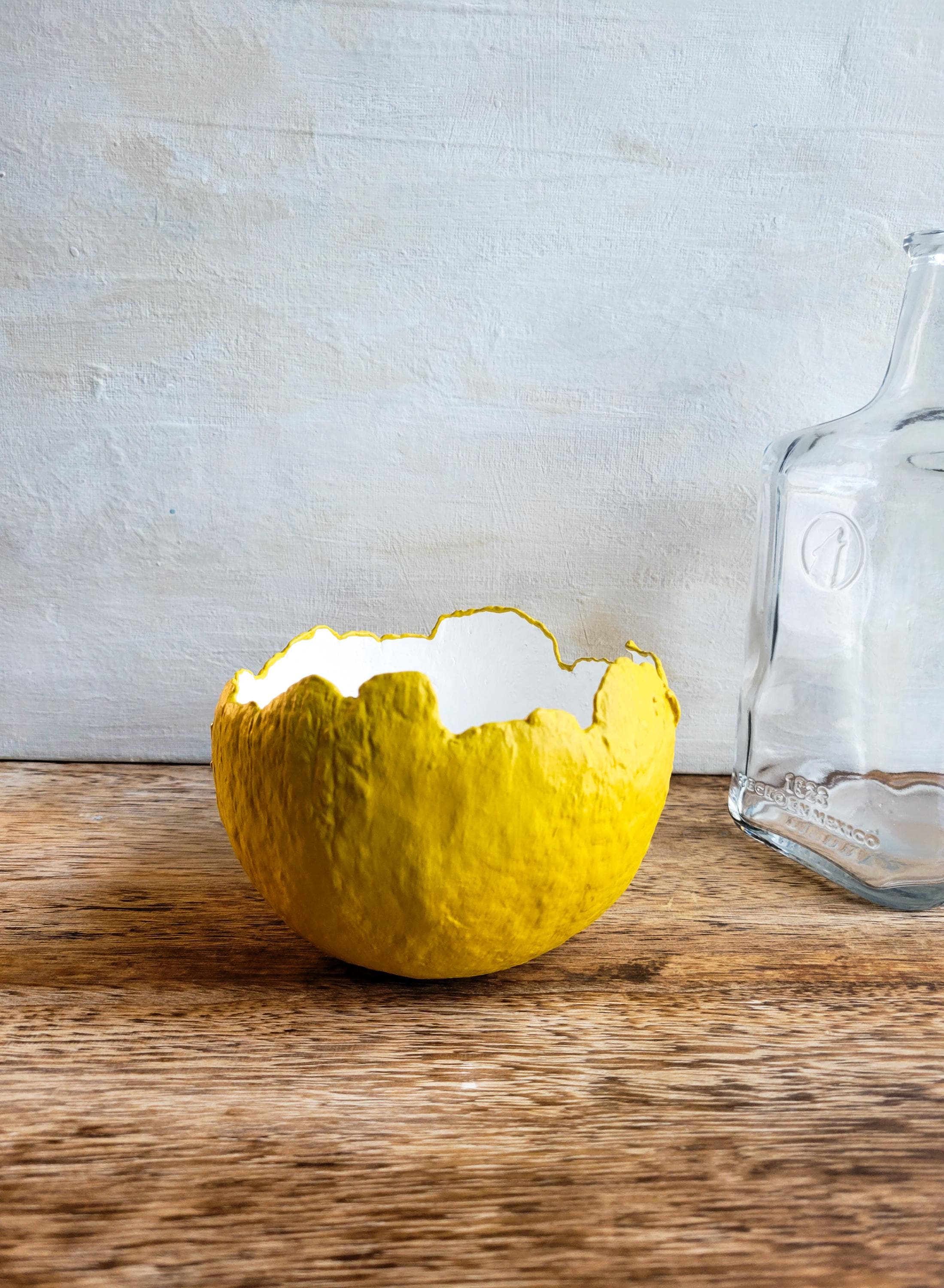 Mustard yellow and white paper pulp bowl, 100% recycled paper, eco friendly paper decor, first anniversary gift, organic decor, paper mâché.