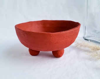 Red orange paper mâché bowl with feet, 100% recycled paper, eco friendly paper pulp tray, first anniversary gift.
