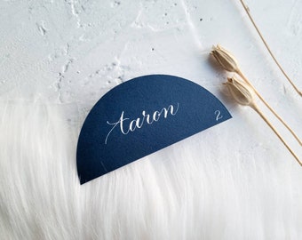 Semi circular personalized tags, customizable place card, event calligraphy, half moon place cards, custom calligraphy, semi circle card.