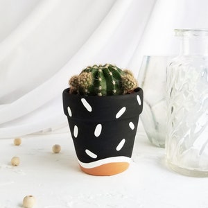 Hand painted terra cotta pot, white and black hand painted terra cotta pot with varnish, indoor planter with drainage hole.