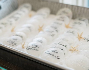 Capiz shell place cards, calligraphy escort cards, seashell place cards, custom calligraphy, wedding calligraphy, beach weddings.