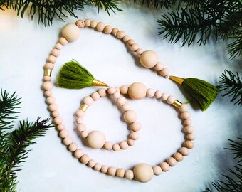 Wood Beaded Garland: Green Tassels & Gold Accents, 36 Inch