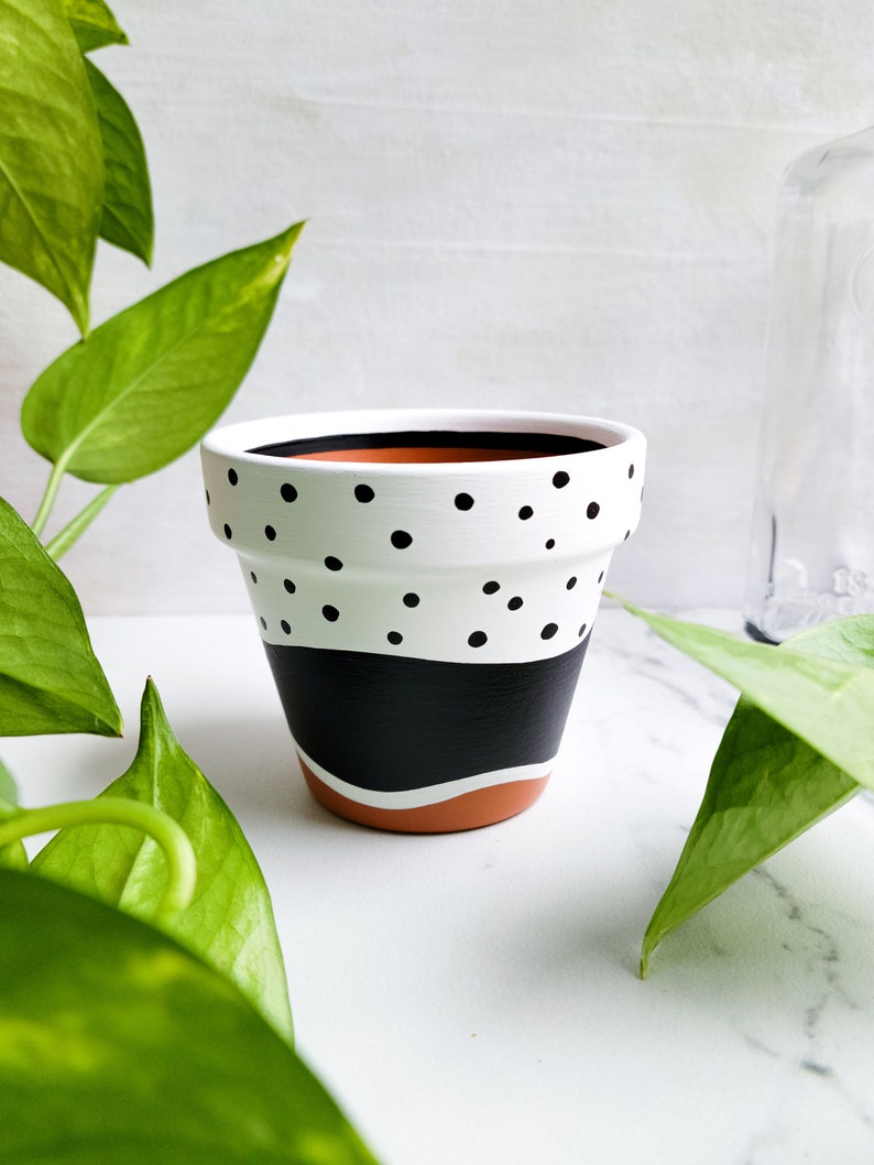 Black and white polka dot hand painted terra cotta pot, indoor planter pot with drainage hole. image 1