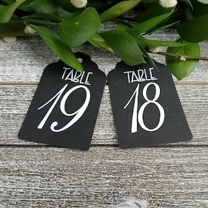 May include: Two black table number tags with white calligraphy. The tags are labelled "TABLE 19" and "TABLE 18". Greenery and a wooden surface provide a rustic backdrop. Ideal for weddings or events.
